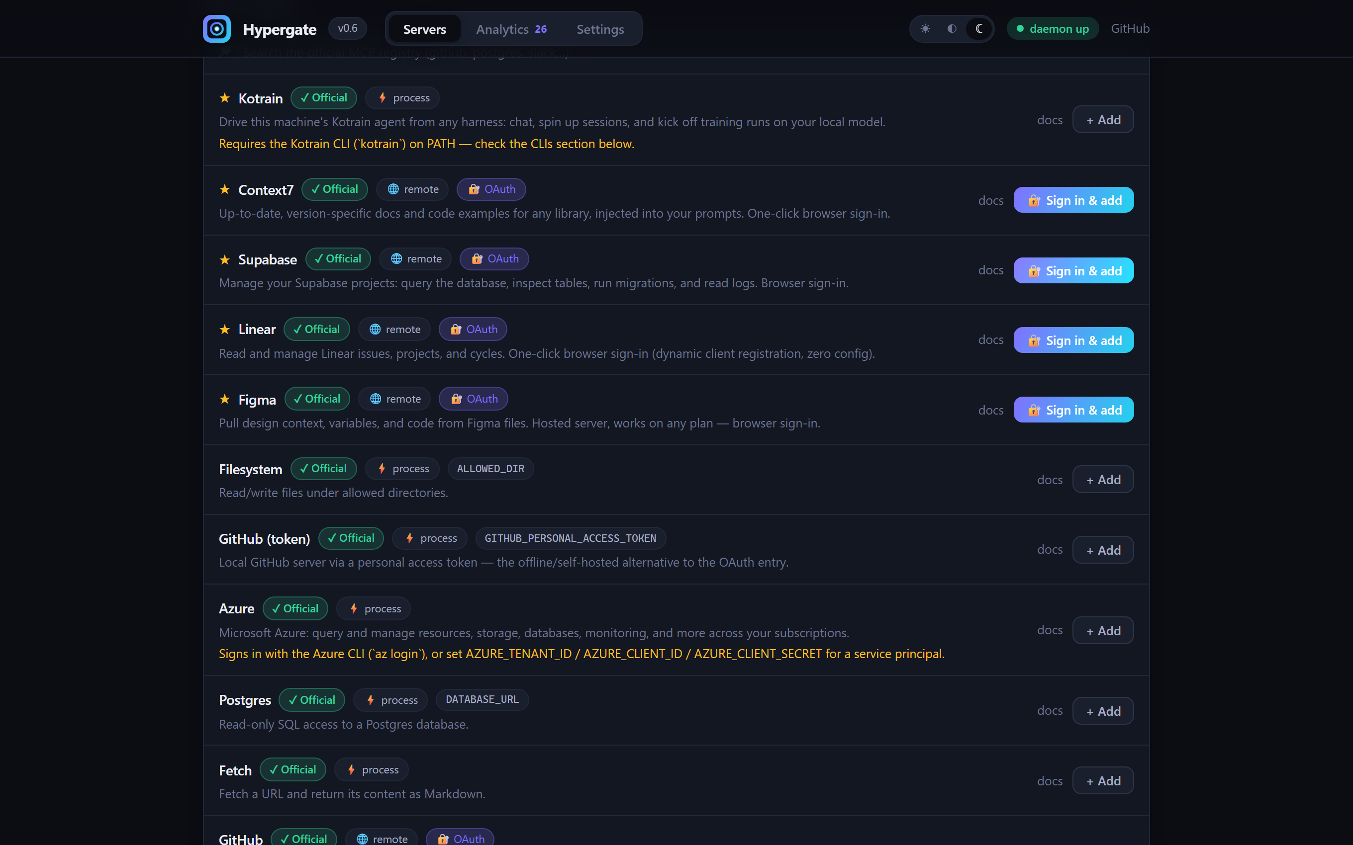 Hypergate catalog with official trust chips and one-click OAuth sign-in-and-add buttons for Context7, Supabase, Linear, and Figma