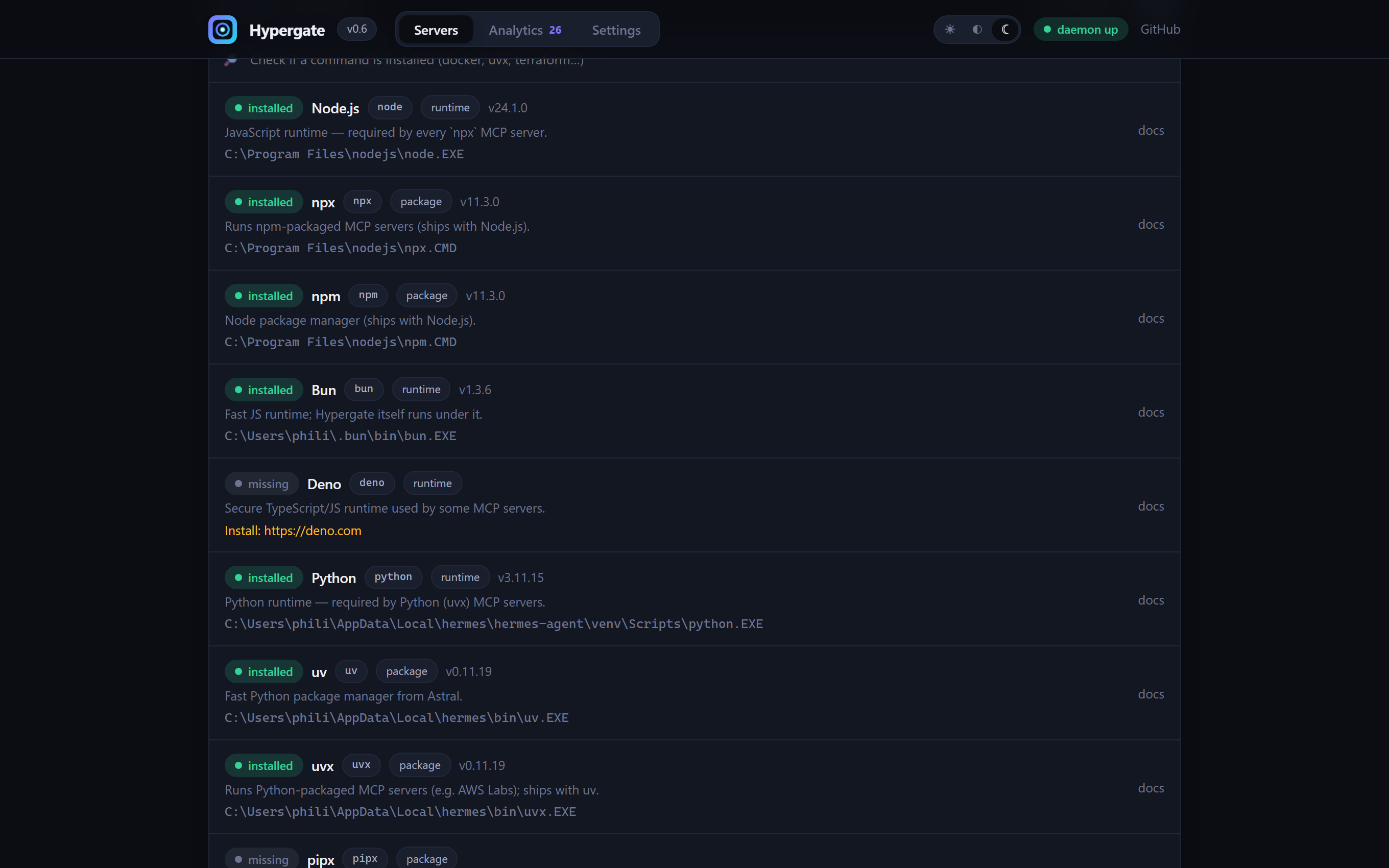Hypergate CLI detection: Node.js, npx, npm, Bun installed with versions and paths, Deno missing with an install hint