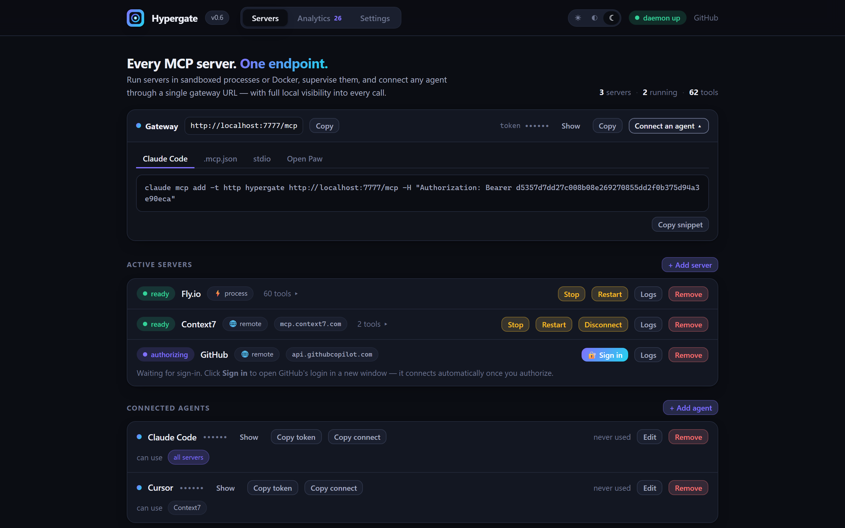 Hypergate gateway bar with connect snippets for Claude Code, .mcp.json, stdio, and Open Paw