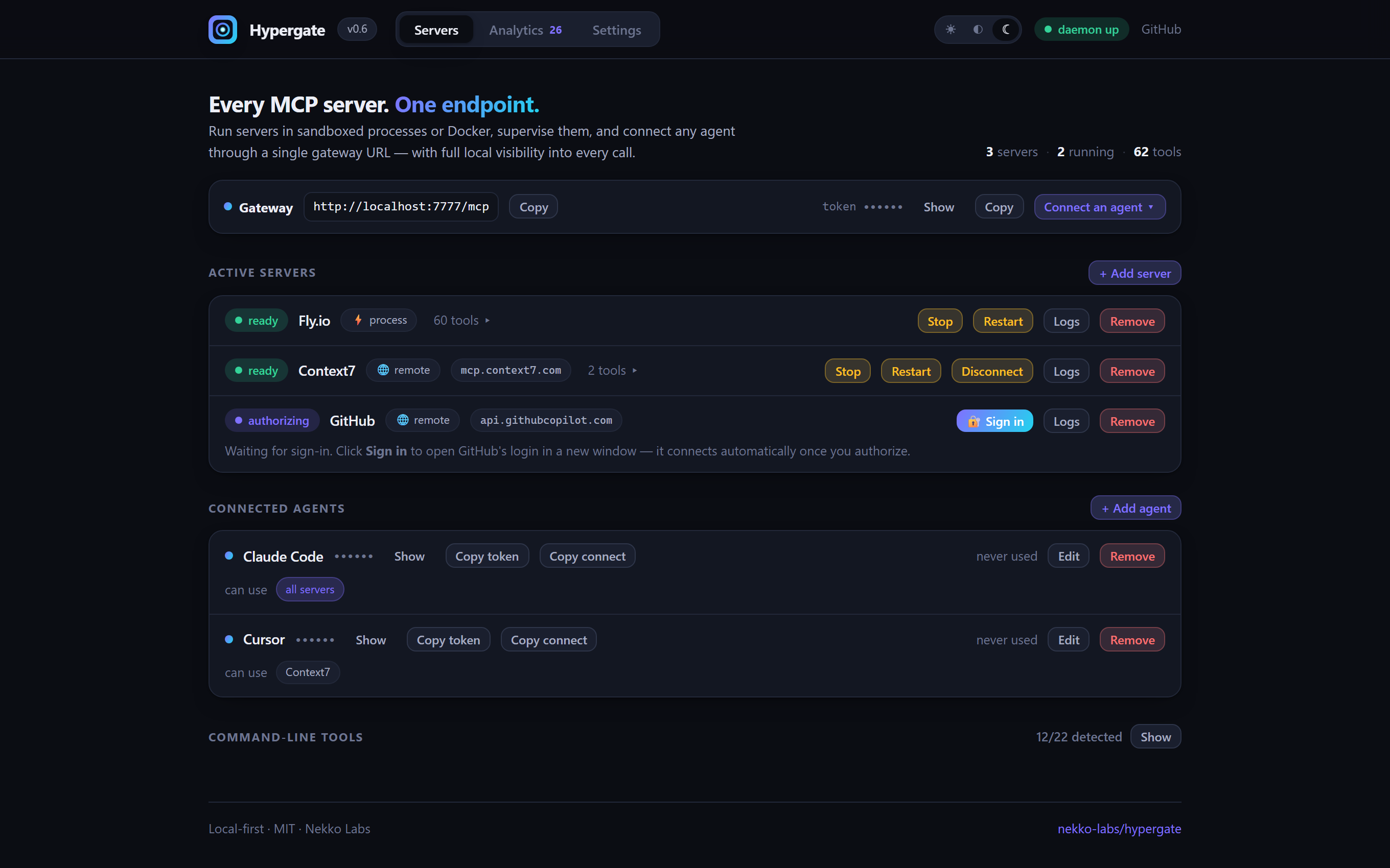 Hypergate servers view: Fly.io process server, Context7 remote server, GitHub awaiting sign-in, and scoped connected agents