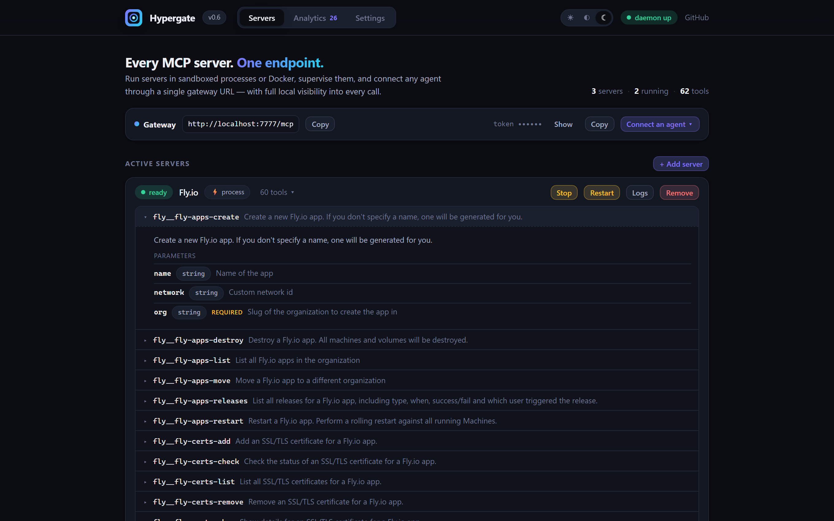 Hypergate tool inspector showing Fly.io tools with typed parameters and required flags
